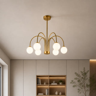 Lampadario moderno oro con 6 bracci curvi 6 sfere bianche attacco G9