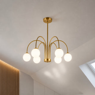 Lampadario moderno oro con 6 bracci curvi 6 sfere bianche attacco G9