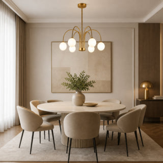 Lampadario moderno oro con 6 bracci curvi 6 sfere bianche attacco G9