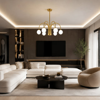 Lampadario moderno oro con 6 bracci curvi 6 sfere bianche attacco G9