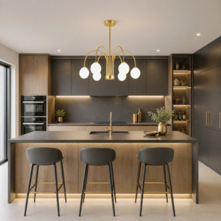 Lampadario moderno oro con 6 bracci curvi 6 sfere bianche attacco G9
