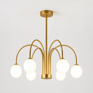 Lampadario moderno oro con 6 bracci curvi 6 sfere bianche attacco G9