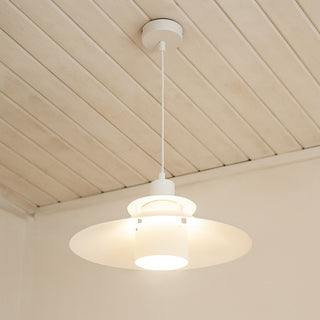 Lampadario industriale pendente bianco metallo paralume in vetro E27