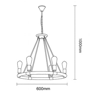 Lampadario rotondo con corda in canapa vintage 6 portalampada E27