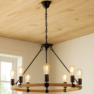 Lampadario rotondo con corda in canapa vintage 6 portalampada E27