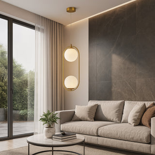 Lampadario sospensione ovale bronzo con due sfere contemporanea G9