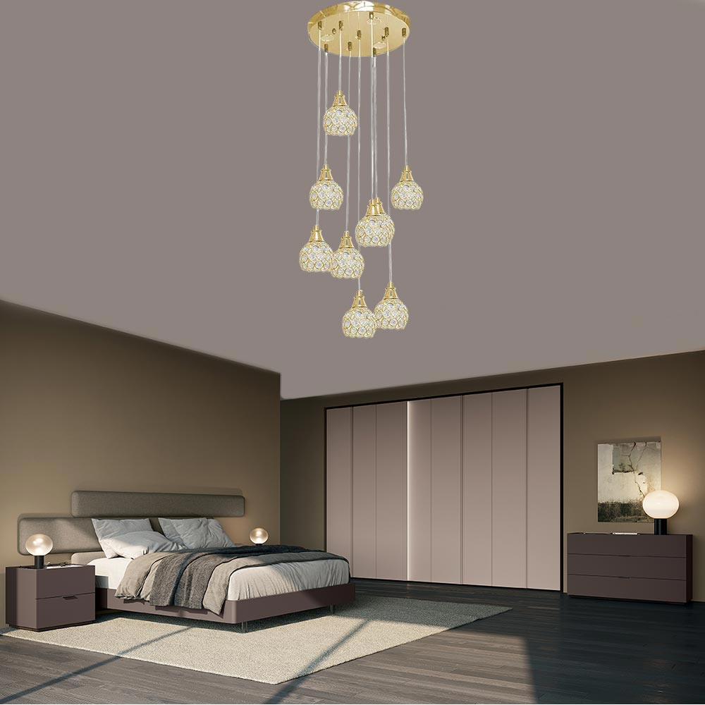 Lampadario da soffitto a sospensione plafoniera 38.5 watt con sfere con cristalli gocce in acrilico portalampada attacco g9 lampada sospesa oro o argento