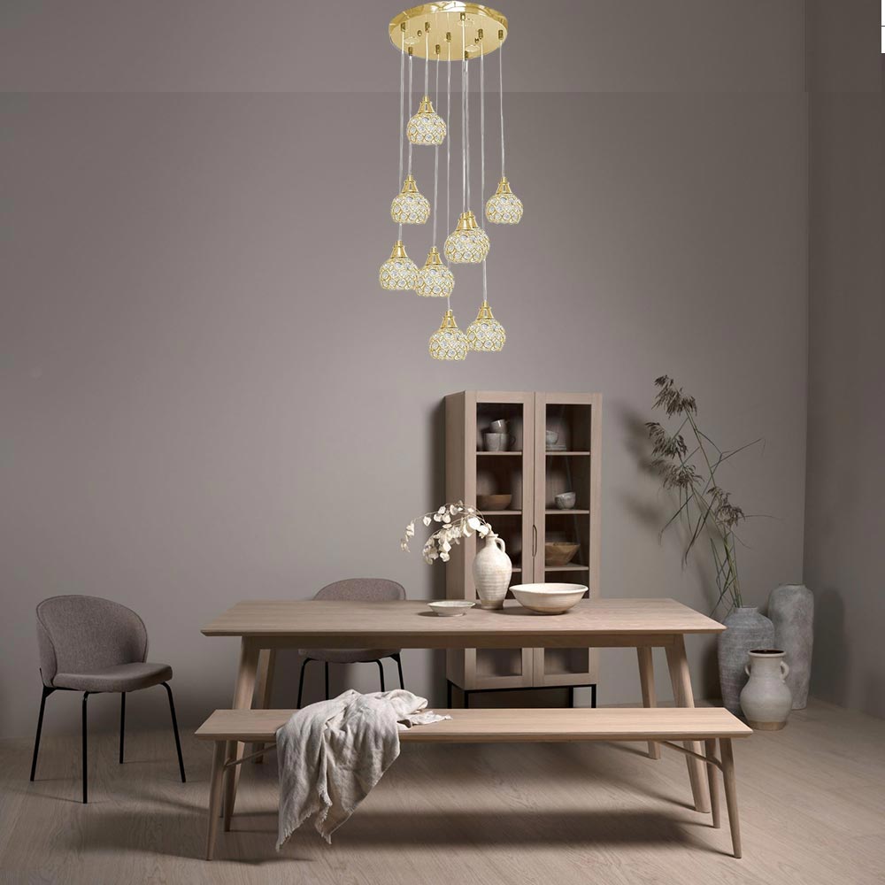 Lampadario da soffitto a sospensione plafoniera 38.5 watt con sfere con cristalli gocce in acrilico portalampada attacco g9 lampada sospesa oro o argento