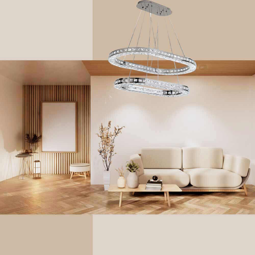 Lampadari a led 40 watt a sospensione in metallo e cristalli in acrilico base con anelli regolabile luce fredda 6500k