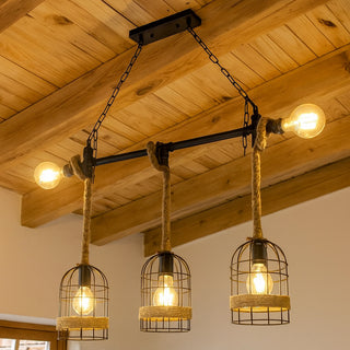 Lampadario stile industriale metallo e corda canapa lampada retrò E27