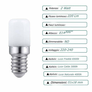 2 Lampadina led E14 2 watt per frigorifero lampadario macchina cucire lampadine