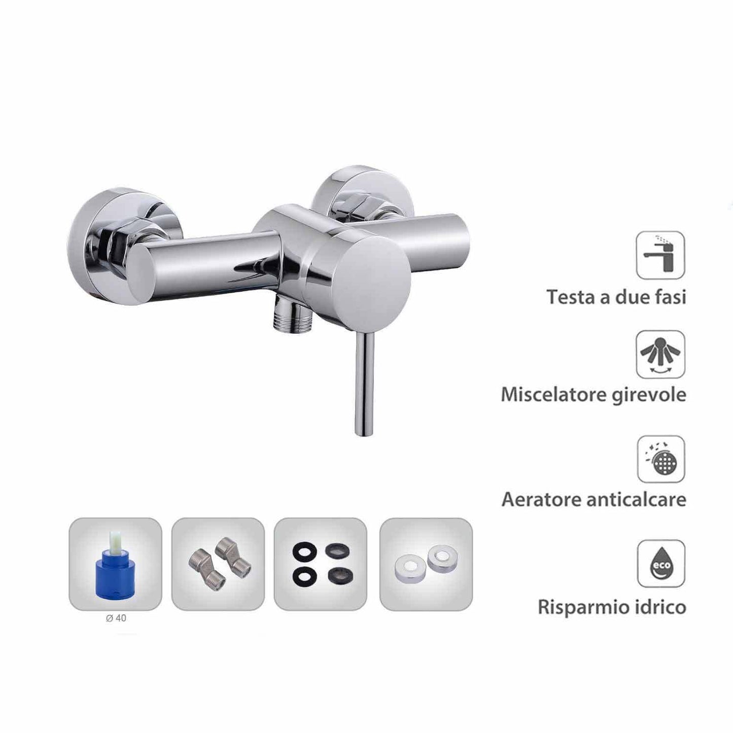 Rubinetto per bagno ultra moderno cromato lucido miscelatore per box doccia modello Ray Silver