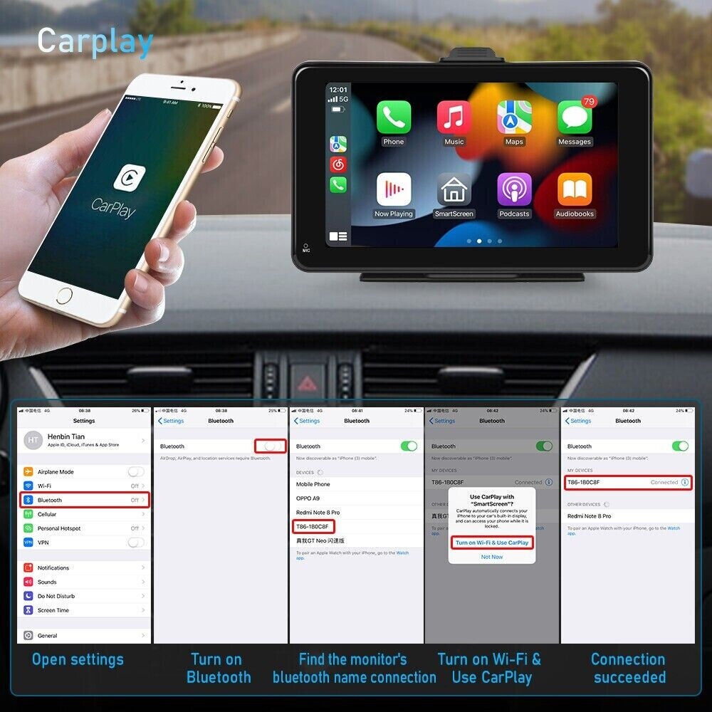 Monitor 7 pollici CarPlay Bluetooth per smartphone cellulare Ios e Android touchscreen autoradio FM uscita aux slot tf card