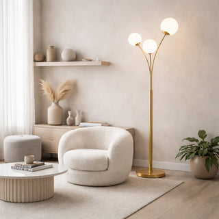 Lampada piantana da terra oro con tre sfere bianco attacco G9