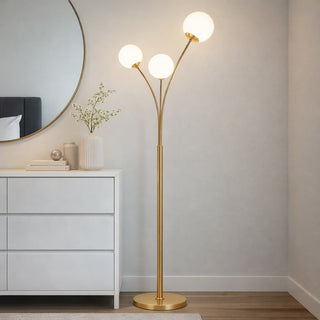 Lampada piantana da terra oro con tre sfere bianco attacco G9
