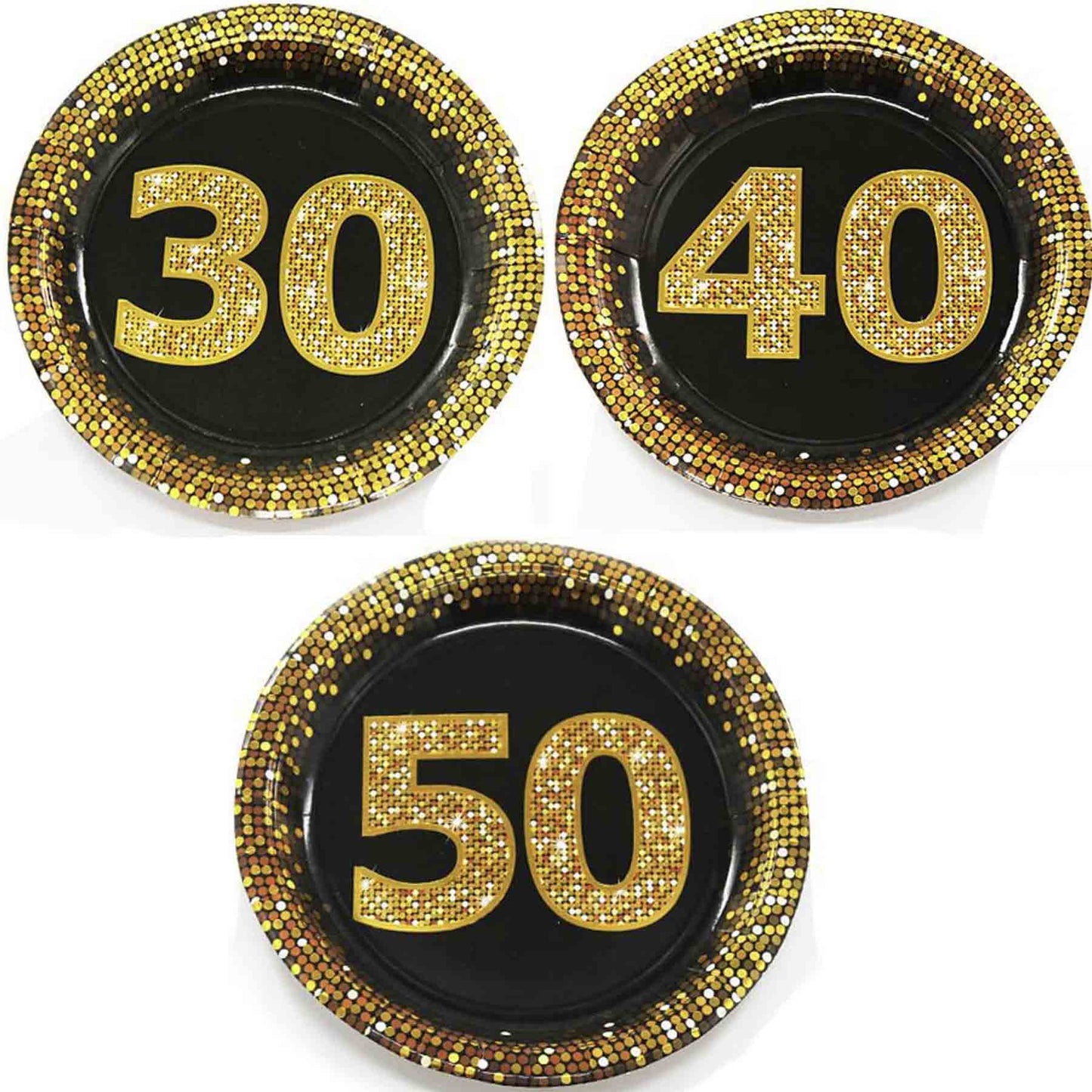 Set 28 piatti di carta per feste di compleanno 30 40 50 anni decorazioni per party nero e oro