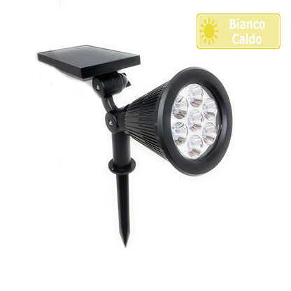 Faretto 7 led picchetto ricaricabile con pannello solare 3 watt faro crepuscolare luce fredda 6500k calda 3000k ip65