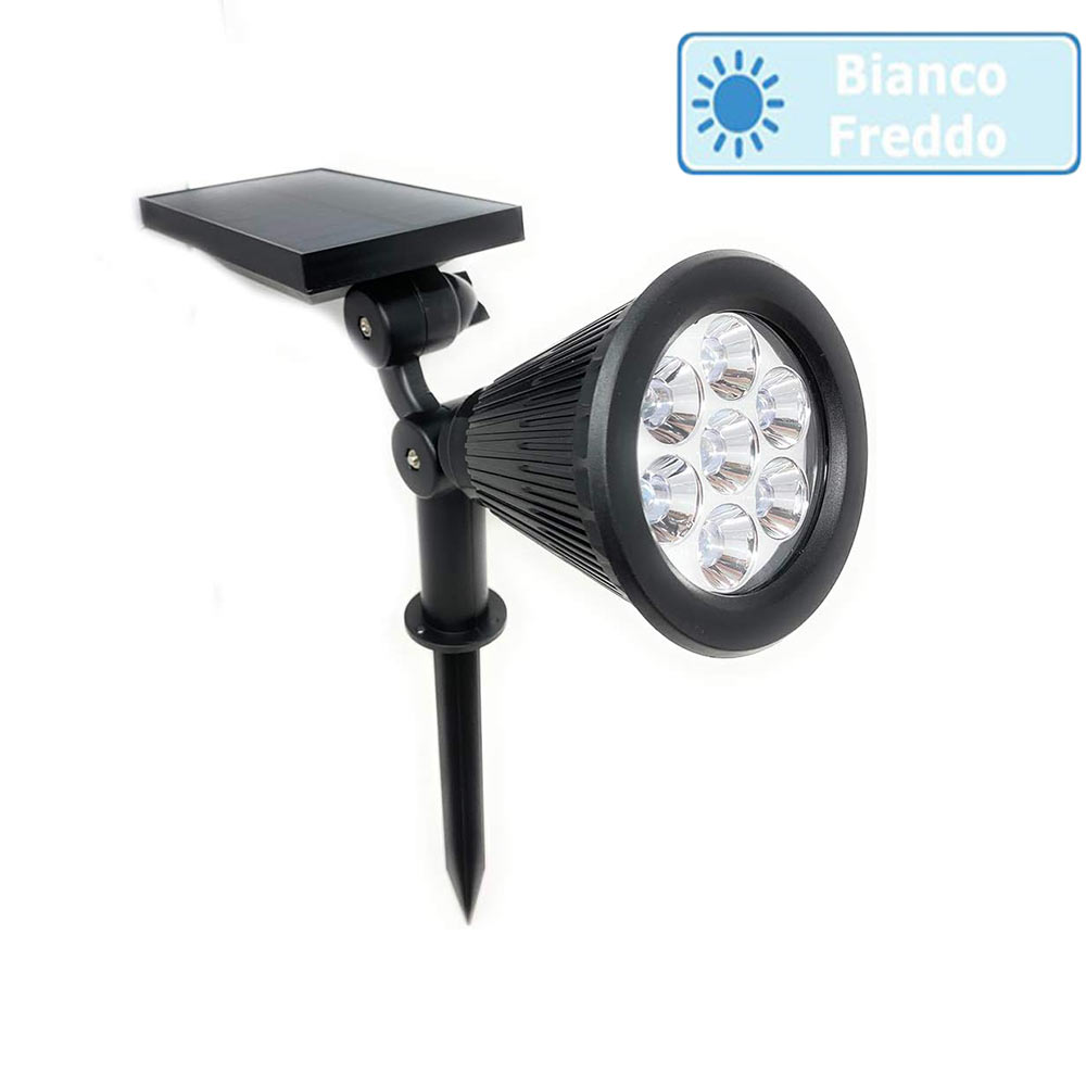 Faretto 7 led picchetto ricaricabile con pannello solare 3 watt faro crepuscolare luce fredda 6500k calda 3000k ip65