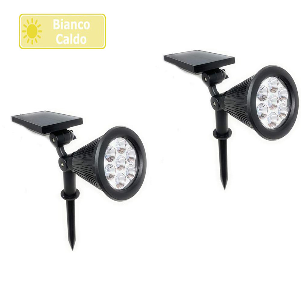 Faretto 7 led picchetto ricaricabile con pannello solare 3 watt faro crepuscolare luce fredda 6500k calda 3000k ip65