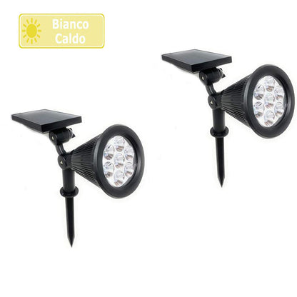 Faretto 7 led picchetto ricaricabile con pannello solare 3 watt faro crepuscolare luce fredda 6500k calda 3000k ip65