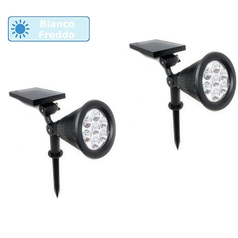 Faretto 7 led picchetto ricaricabile con pannello solare 3 watt faro crepuscolare luce fredda 6500k calda 3000k ip65