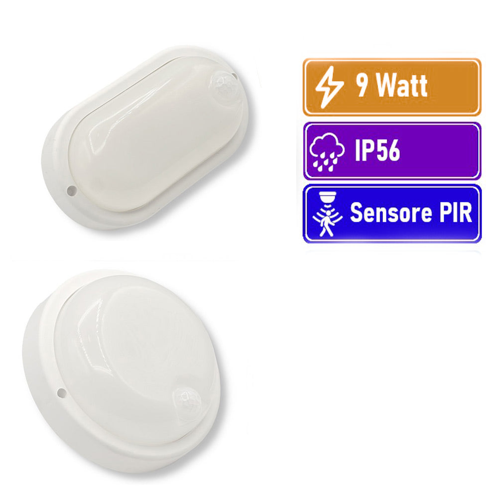 Plafoniera a led per esterno con sensore di movimento 9 watt 6500k tonda o ovale IP56