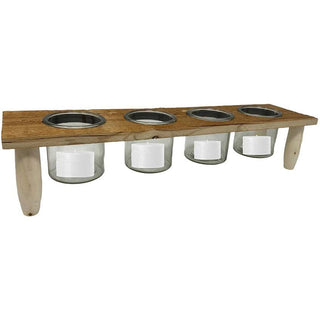 Porta pianta candele con base in legno con 4 vasi in vetro