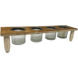 Porta pianta candele con base in legno con 4 vasi in vetro