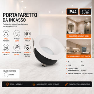 Portafaretto da incasso rotondo per faretti GU10 in alluminio IP44