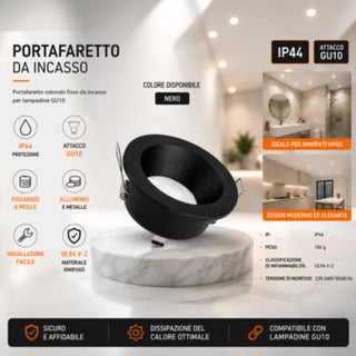 Portafaretto da incasso rotondo per faretti GU10 in alluminio IP44