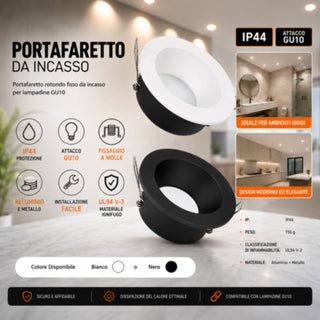 Portafaretto da incasso rotondo per faretti GU10 in alluminio IP44