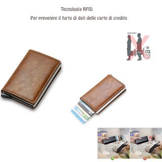 Porta carte di credito portafoglio slim anti-RFID con sistema pop-up