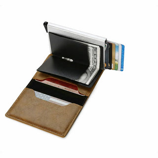 Porta carte di credito portafoglio slim anti-RFID con sistema pop-up