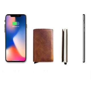 Porta carte di credito portafoglio slim anti-RFID con sistema pop-up