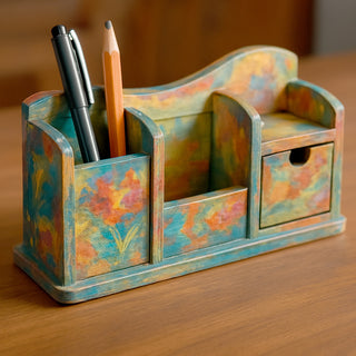 Portapenne in legno grezzo per decoupage 4 scomparti 1 cassetto