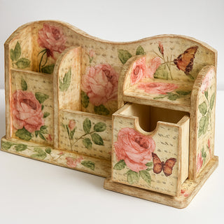 Portapenne in legno grezzo per decoupage 4 scomparti 1 cassetto