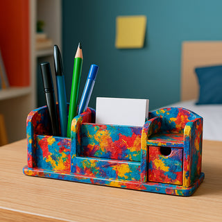 Portapenne in legno grezzo per decoupage 4 scomparti 1 cassetto