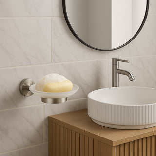 Porta sapone acciaio satinato piattino vetro satinato modello Aria