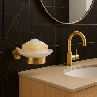 Porta sapone acciaio oro piattino vetro satinato modello Stella