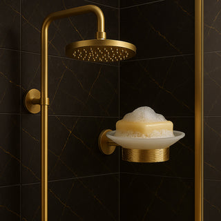 Porta sapone acciaio oro piattino vetro satinato modello Stella