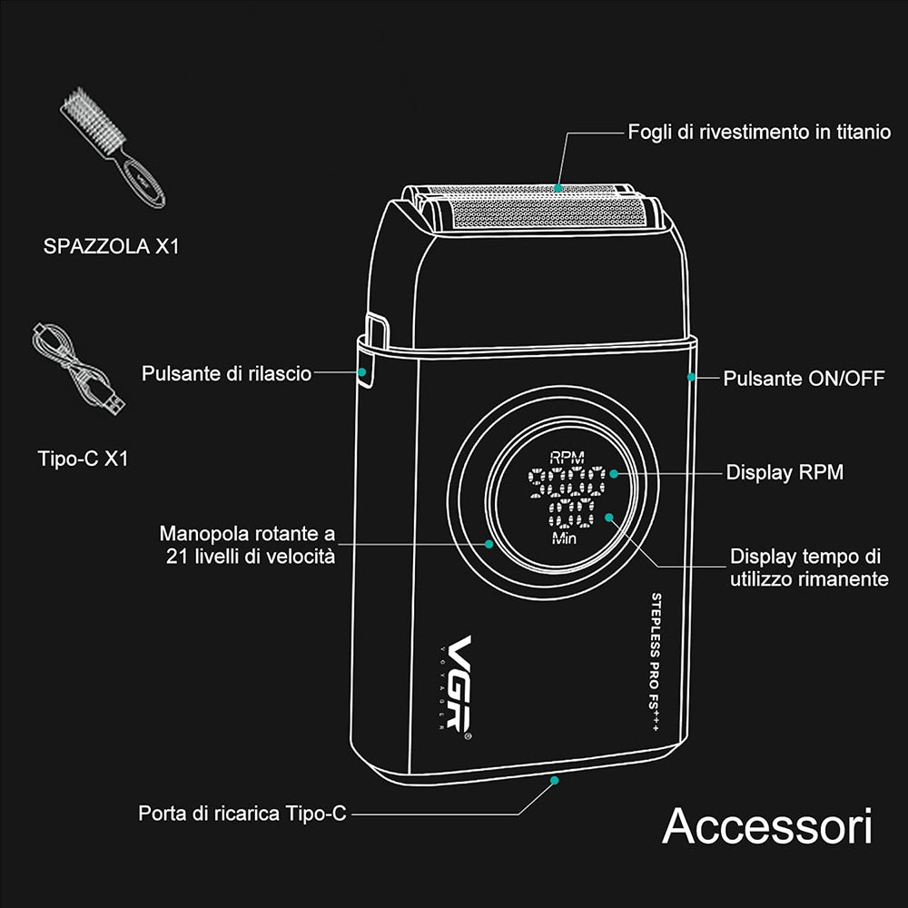 Rasoio elettrico per barba tripla lama VGR FOIL SHAVER ricaricabile con display 7000/9000 RPM velocità regolabile