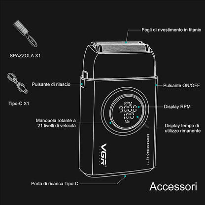 Rasoio elettrico per barba tripla lama VGR FOIL SHAVER ricaricabile con display 7000/9000 RPM velocità regolabile