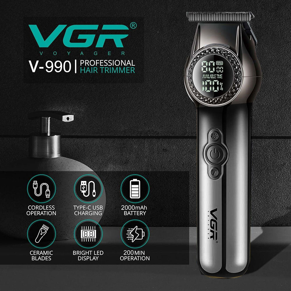 Rasoio VGR HAIR TRIMMERT ricaricabile tre pettinini barba basette 2 velocità con display e luce led 990