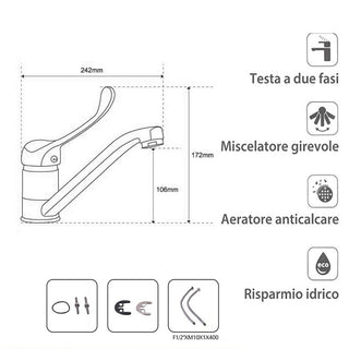Rubinetto a canna bassa con miscelatore a leva lunga orientabile 360°