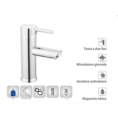 Rubinetto per bagno ultra moderno cromato lucido miscelatore lavabo a canna bassa modello Ray Silver