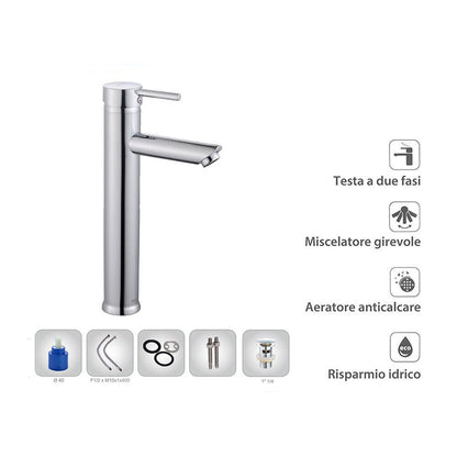 Rubinetto per bagno ultra moderno cromato lucido miscelatore lavabo a canna alta modello Ray Silver