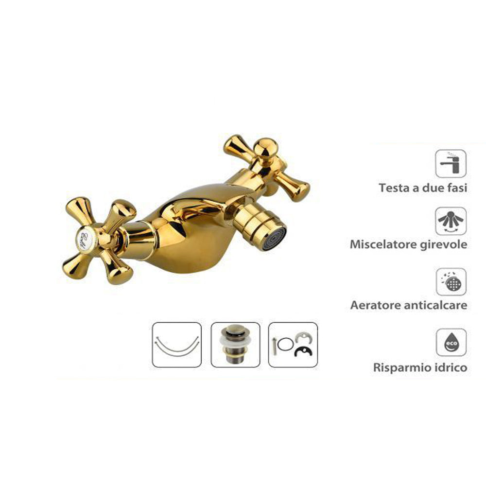 Rubinetto per bagno miscelatore doppio comando lavabo bidet vasca doccia in ottone oro lucido modello Roma