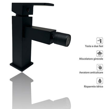 Rubinetto per bagno ultra moderno di forma quadrata miscelatore orientabile per bidet nero opaco modello Firenze