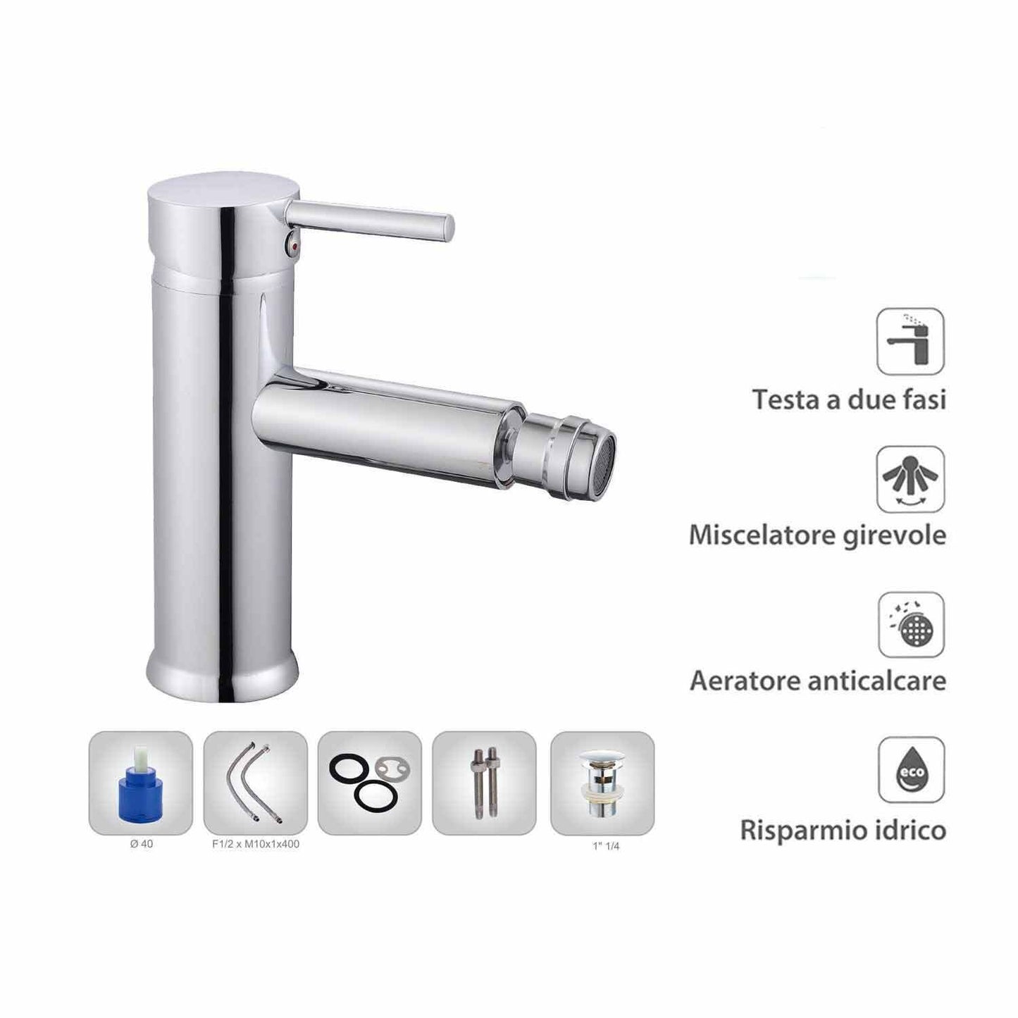 Rubinetto per bagno ultra moderno cromato lucido miscelatore per bidet modello Ray Silver