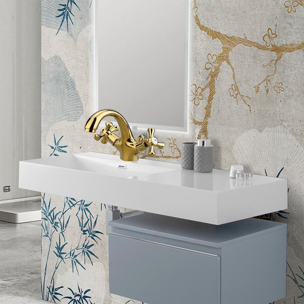 Rubinetto per bagno miscelatore doppio comando lavabo bidet vasca doccia in ottone oro lucido modello Roma